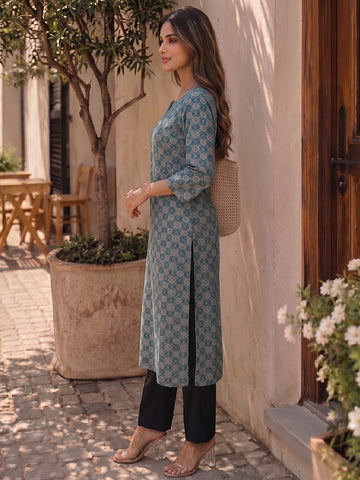Teal Geometric Print Women's Kurta