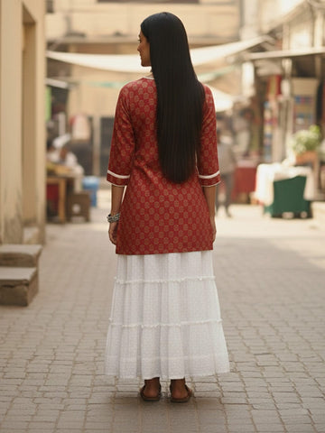 Varanga Ethnic Maroon Paisley Top with Notched V-Neckline
