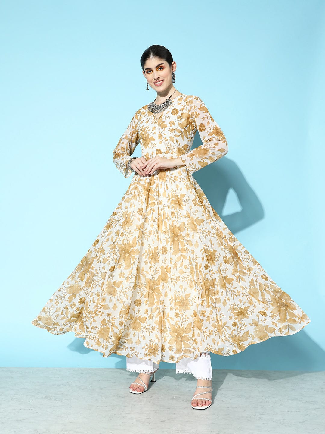 Printed Cotton Anarkali Suit in Dark Blue : KMM124