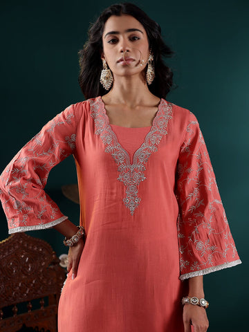 Varanga Women Peach Zari Embroidered Sequins Embellished Straight Kurta With Bottom And Dupatta