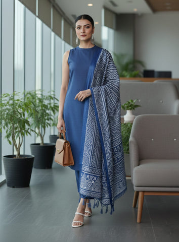 Varanga Women Blue Solid Kurta Set Paired With Printed Dupatta