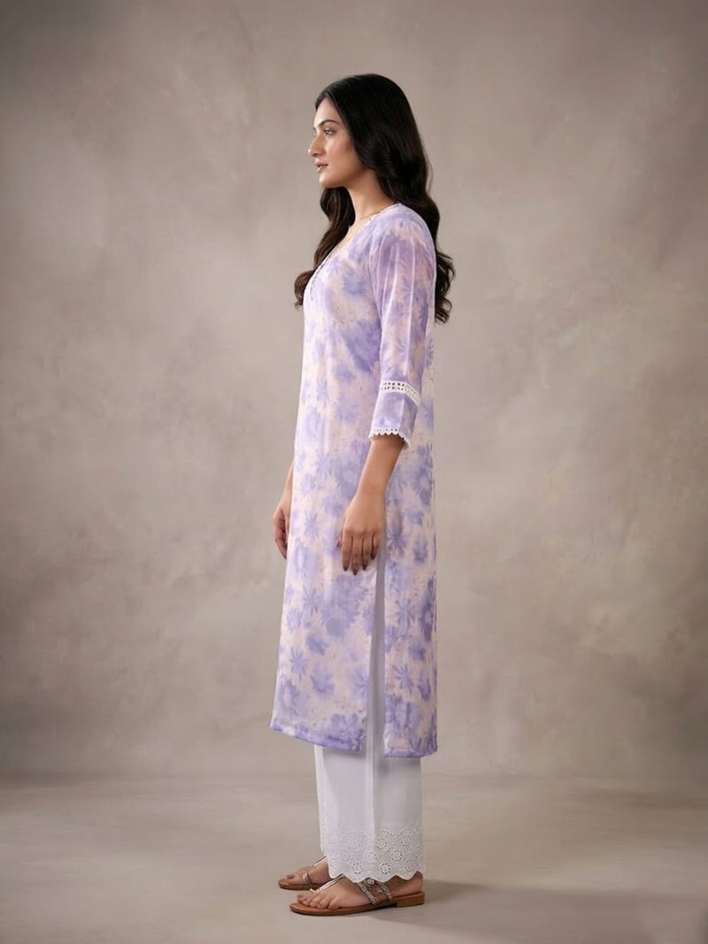 Varanga Women Lavender Floral Printed V- Neck Three Quarter Sleeve Straight Kurta.