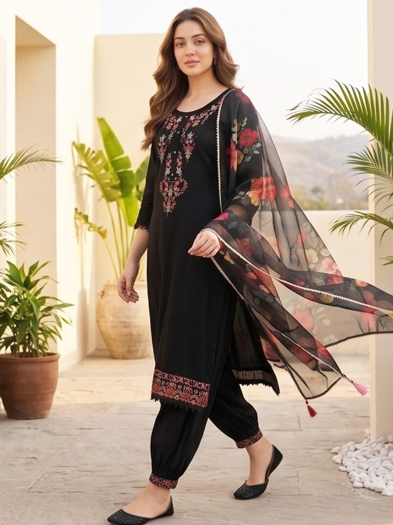 Varanga Women Floral Motif Thread Embroidered Yoke Kurta with Trouser & Dupatta