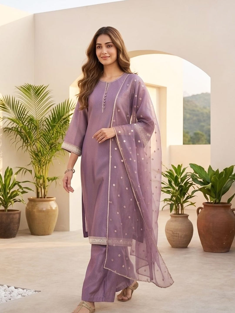 Varanga Women Elegant Three-Piece Brown Shimmer Kurta Set With Solid Ankle-Length Trousers, And An Embroidered Dupatta
