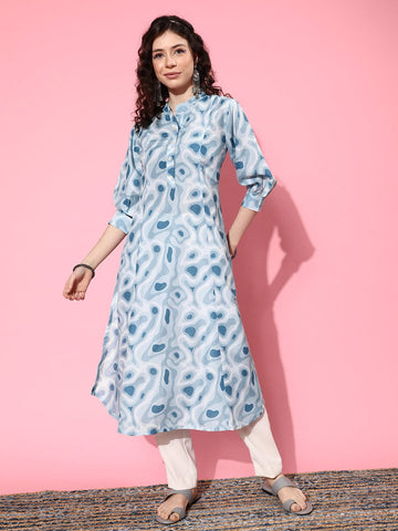 KSUT Women Turquoise Blue And White Printed Cotton Kurta