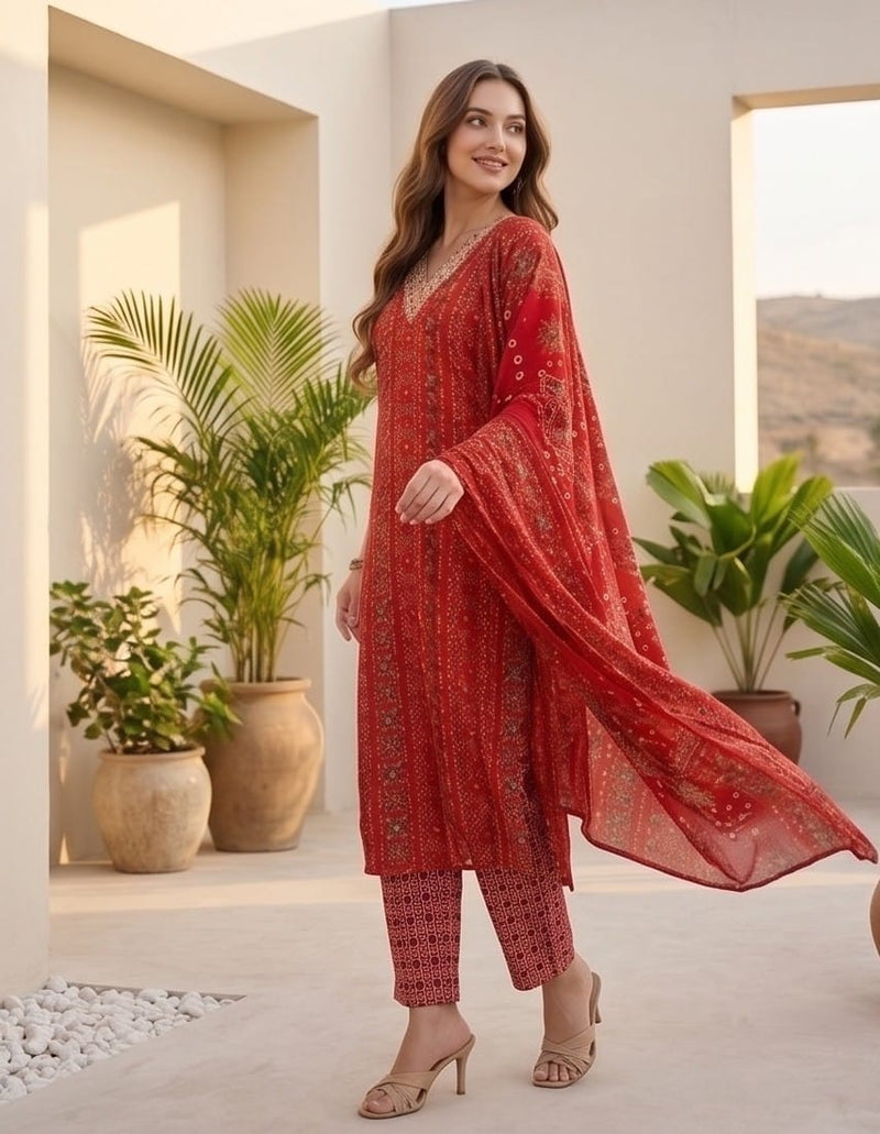 Varanga Women Red Printed V-Neck Embroidered Kurta With Bottom And Dupatta
