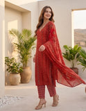 Varanga Women Red Printed  V-Neck Embroidered Kurta With Bottom And Dupatta