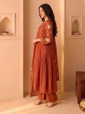 Rust Embroidered Shimmer Kurta Set With Embroidered Dupatta