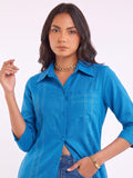 Blue Shirt-Style Kurta Elevated With Chic Contrast Stitch Detailing.
