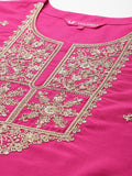 Varanga Women Pink Zari Embroidered Round Neck Straight Kurta With Tonal Bottom And Dupatta