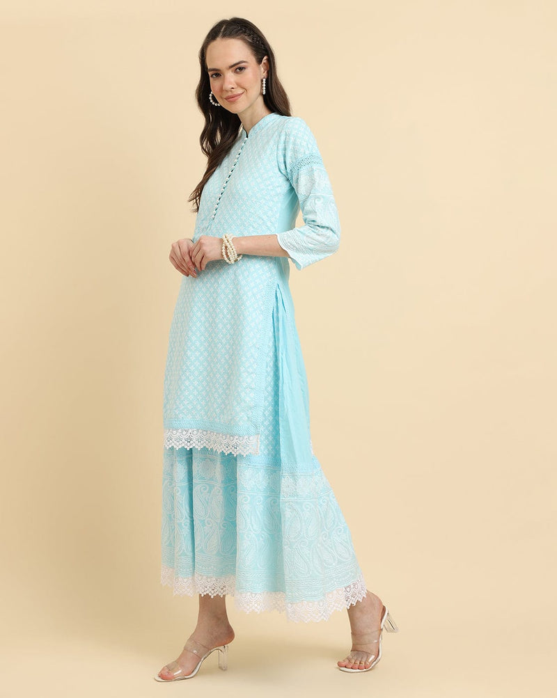 KSUT Women Blue Chikankari Kurta Attached With Skirt