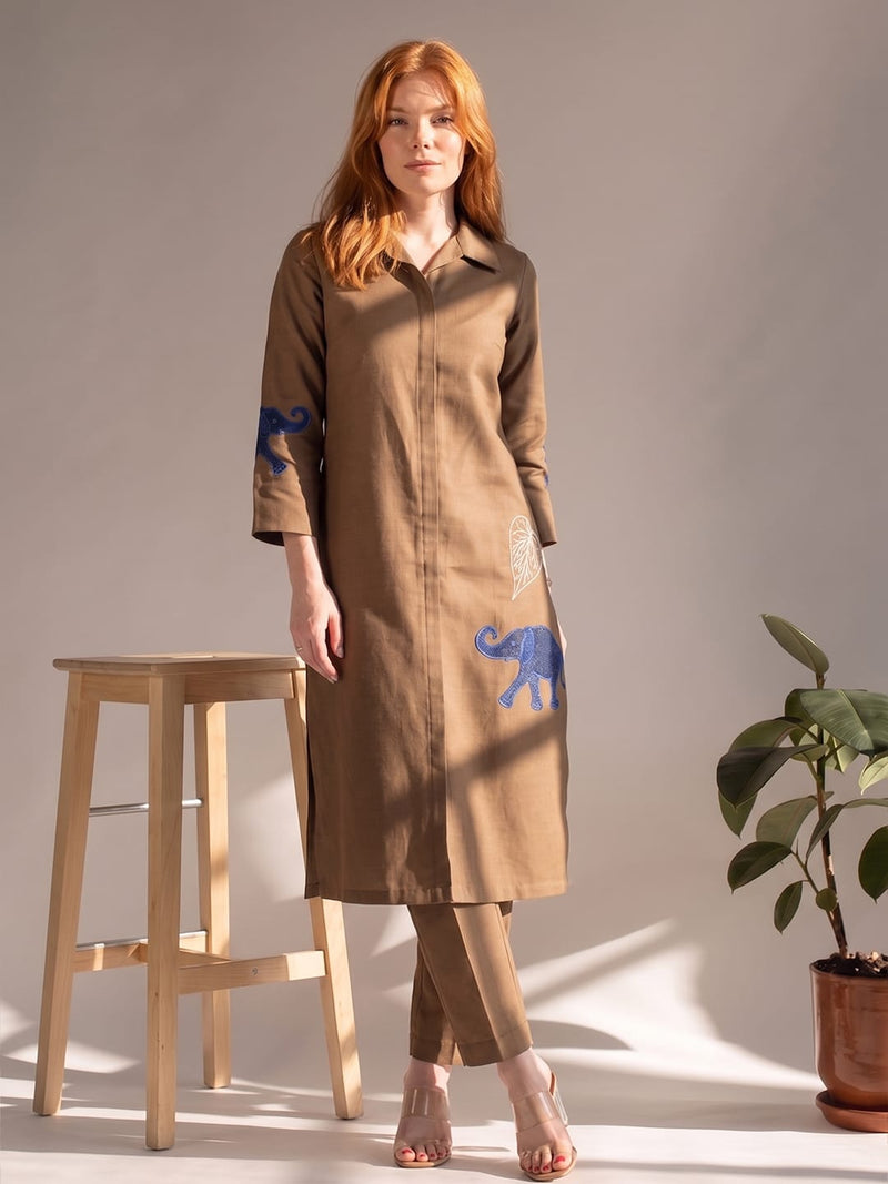 Womens Mocha Elephant embroidery Shirt-Style Kurta with Straight Trousers