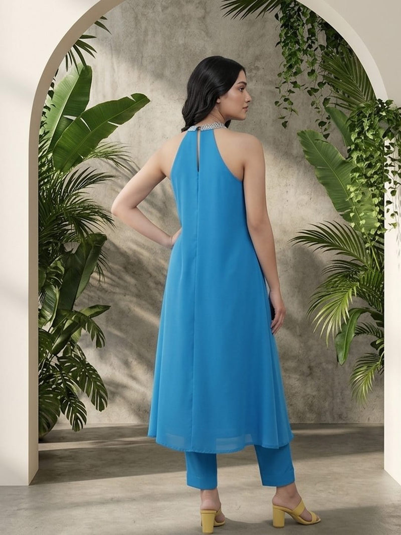 Varanga Women Halter Neck Blue Sleeveless Flared Kurta Paired With Tonal Bottom