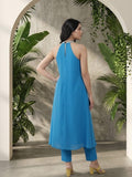 Varanga Women Halter Neck Blue Sleeveless Flared Kurta Paired With Tonal Bottom