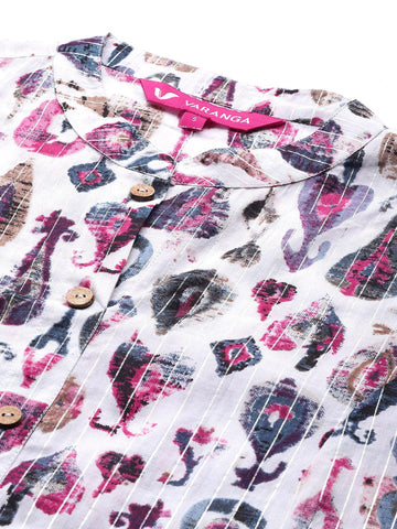 Varanga Off White And Pink Women Printed Mandarin Collar Gotta Patti Kurta