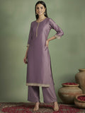 Varanga Women Elegant Three-Piece Brown Shimmer Kurta Set With Sequin Detailing, Solid Ankle-Length Trousers, And An Embroidered Dupatta