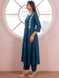Women's Teal Blue Floral Embroidered Kurta With Trousers