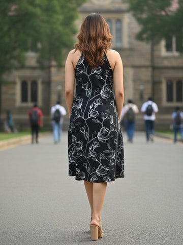 Stylish Sleeveless Halter Neck A-Line Dress in Black & White Floral Print