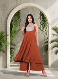 Varanga Women Rust Yoke Embroidered Sleeveless Flared Kurta With Trousers.
