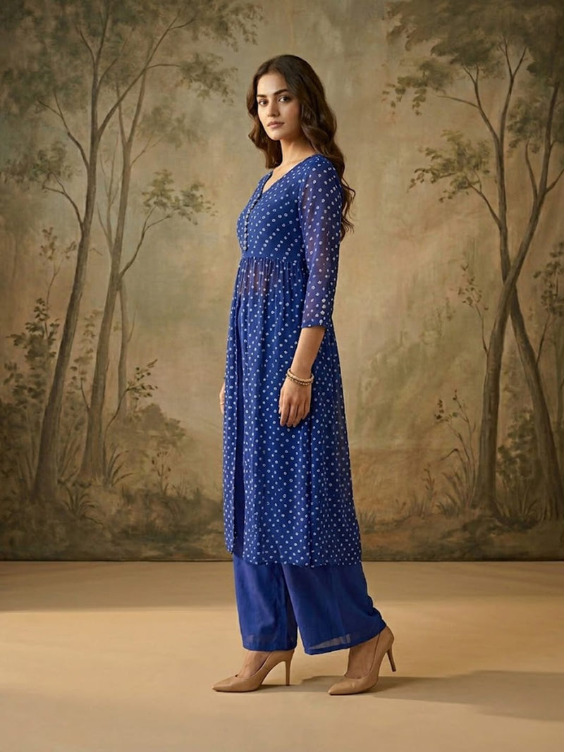 Royal Blue Bandhani Front-Slit Kurta Set