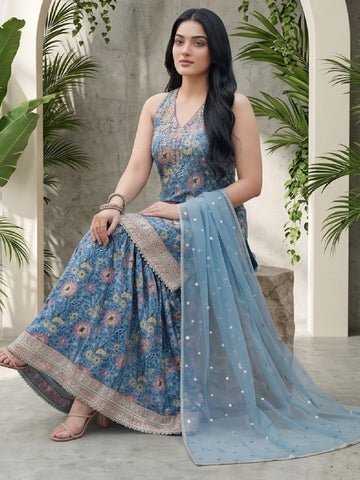 Azure Blue All-Over Floral Print Kurta Set With Dupatta