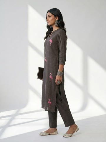 Bird of Grace Embroidered Charcoal Kurta Set