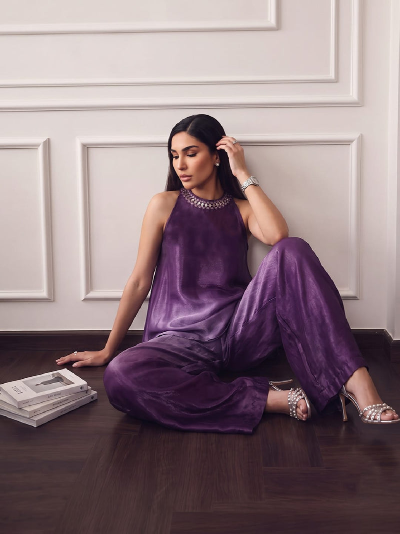 Ombere Purple Halter-Neck Co-Ord Set Featuring An Embellished Neckline And Flowy Wide-Leg Pants.