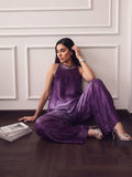 Ombere Purple Halter-Neck Co-Ord Set Featuring An Embellished Neckline And Flowy Wide-Leg Pants.
