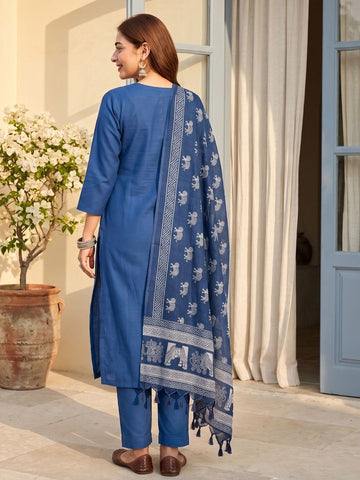 Women V Neck Straight Kurta With Pants & Dupatta