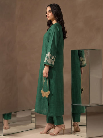 Green Embroidered Bell Sleeve Kurta Set With Straight Pants