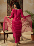 Fuchsia Straight-Fit Kurta Set With Intricate Zari Embroidery, Paired With Solid Ankle-Length Trousers And An Embroidered Dupatta For A Graceful Festive Look.