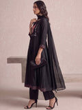 Black Embroidered Flared Kurta With Floral Yoke Detailing.