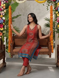 Everyday-ready rust A-line V-neck kurta paired with soft, elasticated solid trousers.
