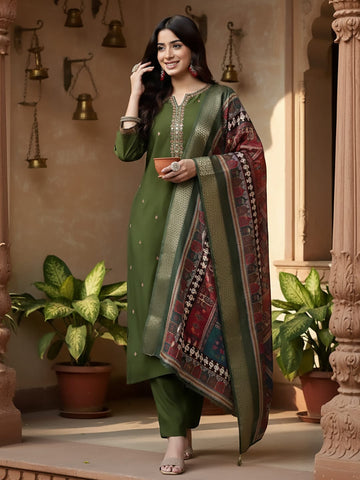 Varanga Women Olive Green Round Neck Placement Embroidered Kurta Paired With Tonal Bottom & Printed Dupatta