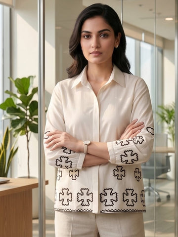 White Coloured Slim Collar Long Sleeves Ethnic Motifs Shirt