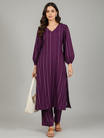 Varanga Women Purple Lurex A- Line Kurta With Trousers