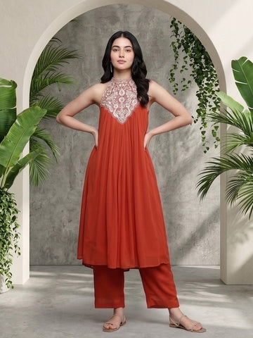 Varanga Women Halter Neck Zari And Sequence Embroidered Sleeveless Flared Kurta Paired With Tonal Bottom