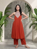 Varanga Women Halter Neck Zari And Sequence Embroidered Sleeveless Flared Kurta Paired With Tonal Bottom