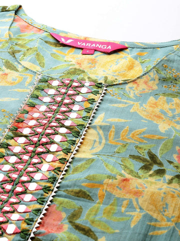 Varanga Floral Printed Mirror Work Pure Cotton Kurta