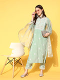 Varanga Women Sea Green Embroidered Kurta Paired With Tonal Trouser And Dupatta
