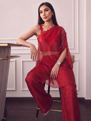 Ruby Red One-Shoulder Cape Co-Ord Set With Floral Lace Detailing