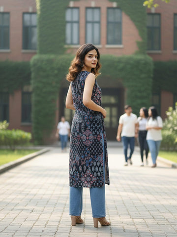 Varanga Sleeveless Ethnic Printed Straight Kurta with Round Neck