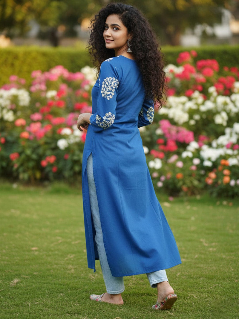 Varanga Ethnic Blue and White Printed Straight Kurta
