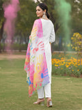 Varanga Women Self Embroidered Schiffli Bordered Kurta with Trouser & Multicolor Dupatta
