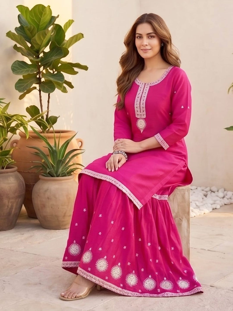 Varanga Women Zari Embroidered Yoke Kurta With Sharara And Dupatta