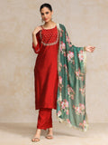 Varanga Women Maroon Yoke Design Kurta with Trousers & With Dupatta