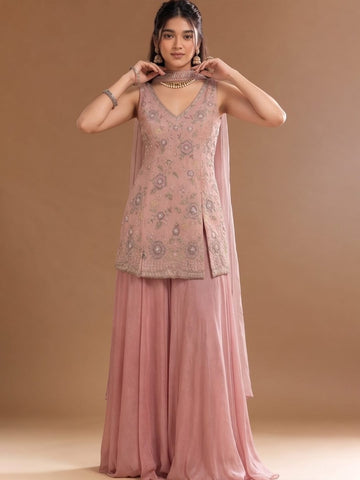 Women's Embroidered Shimmer Short Kurta With Palazzo And Dupatta
