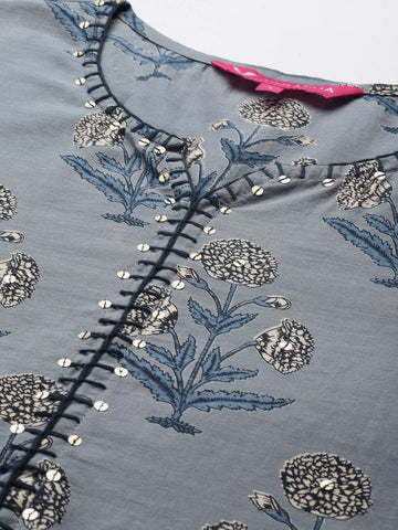 Varanga Women Grey & Blue Ethnic Motifs Printed Kurta