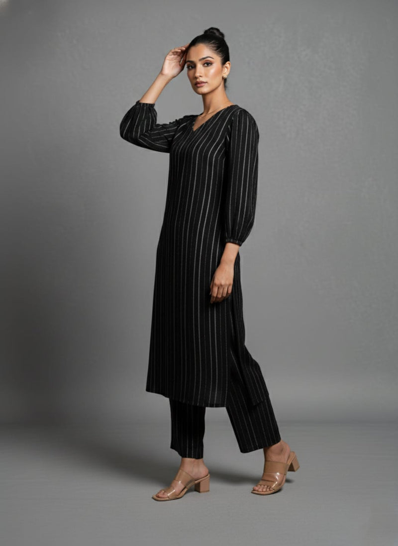 Varanga Women Black Lurex A- Line Kurta With Trousers
