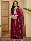Varanga Women Fuchsia Lace Embellished Sleeveless Straight Kurta Paired With Tonal Plazzo And Dupatta